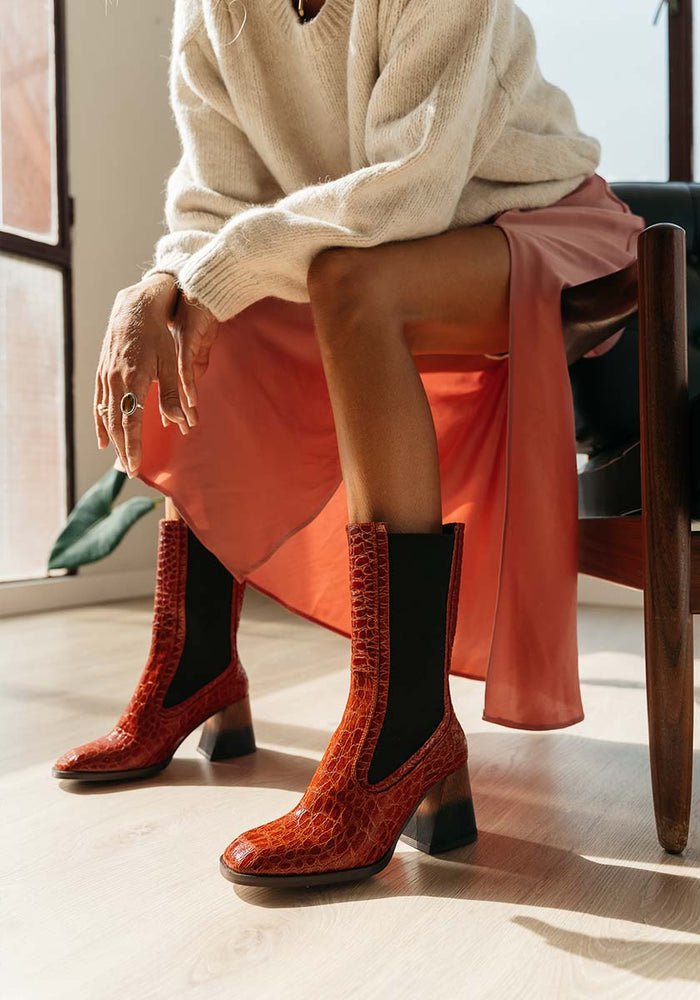 Lola Vegan Mid Boots | Croc Red, Mireia Playa,  Liv & Grace vegan