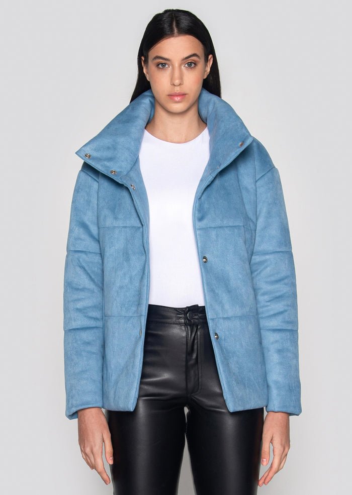 Vegan Suede Leather Puffer Jacket | Sky Blue, Dauntless,  Liv & Grace vegan